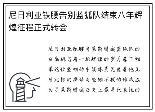 尼日利亚铁腰告别蓝狐队结束八年辉煌征程正式转会